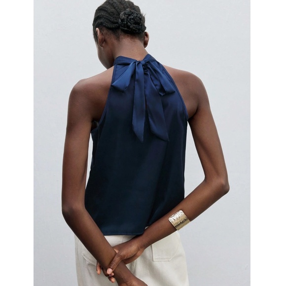 Navy Blue Satin Halter Blouse Top - Picture 9 of 14